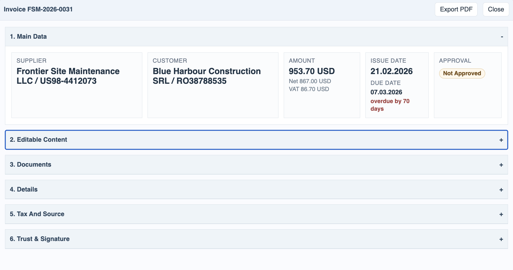 Invoice details main section.