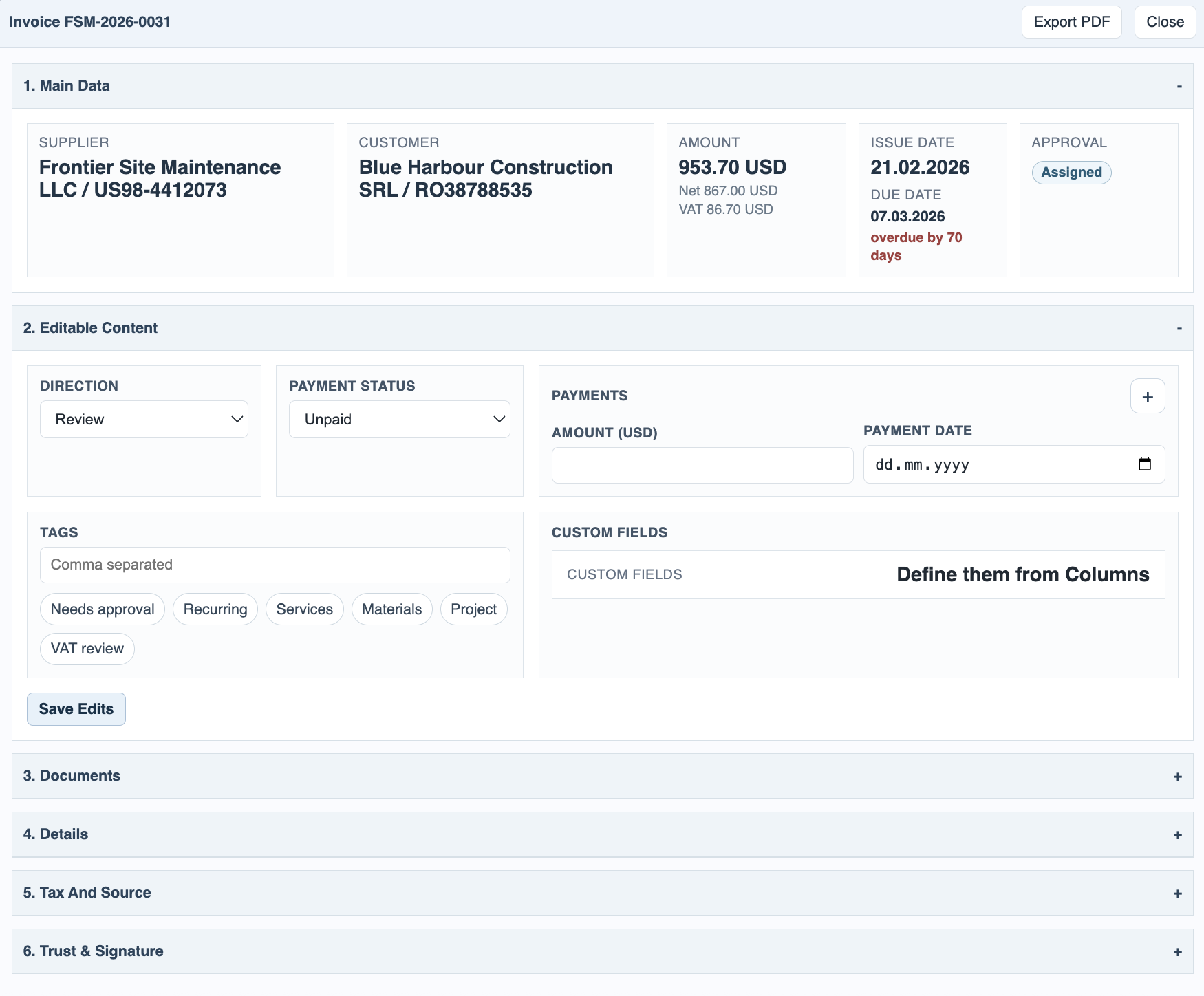 Invoice details editable content section.