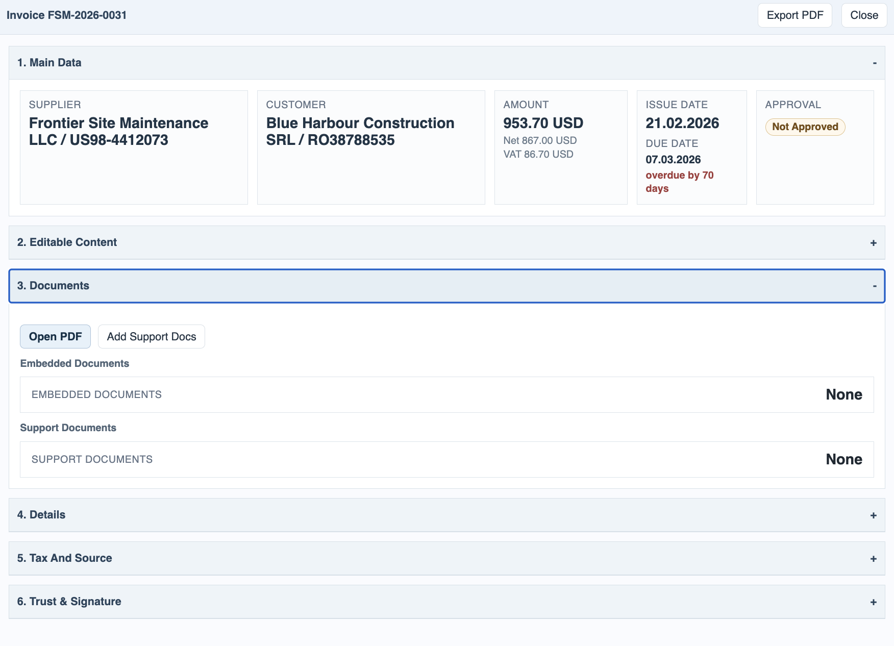 Invoice details documents section.