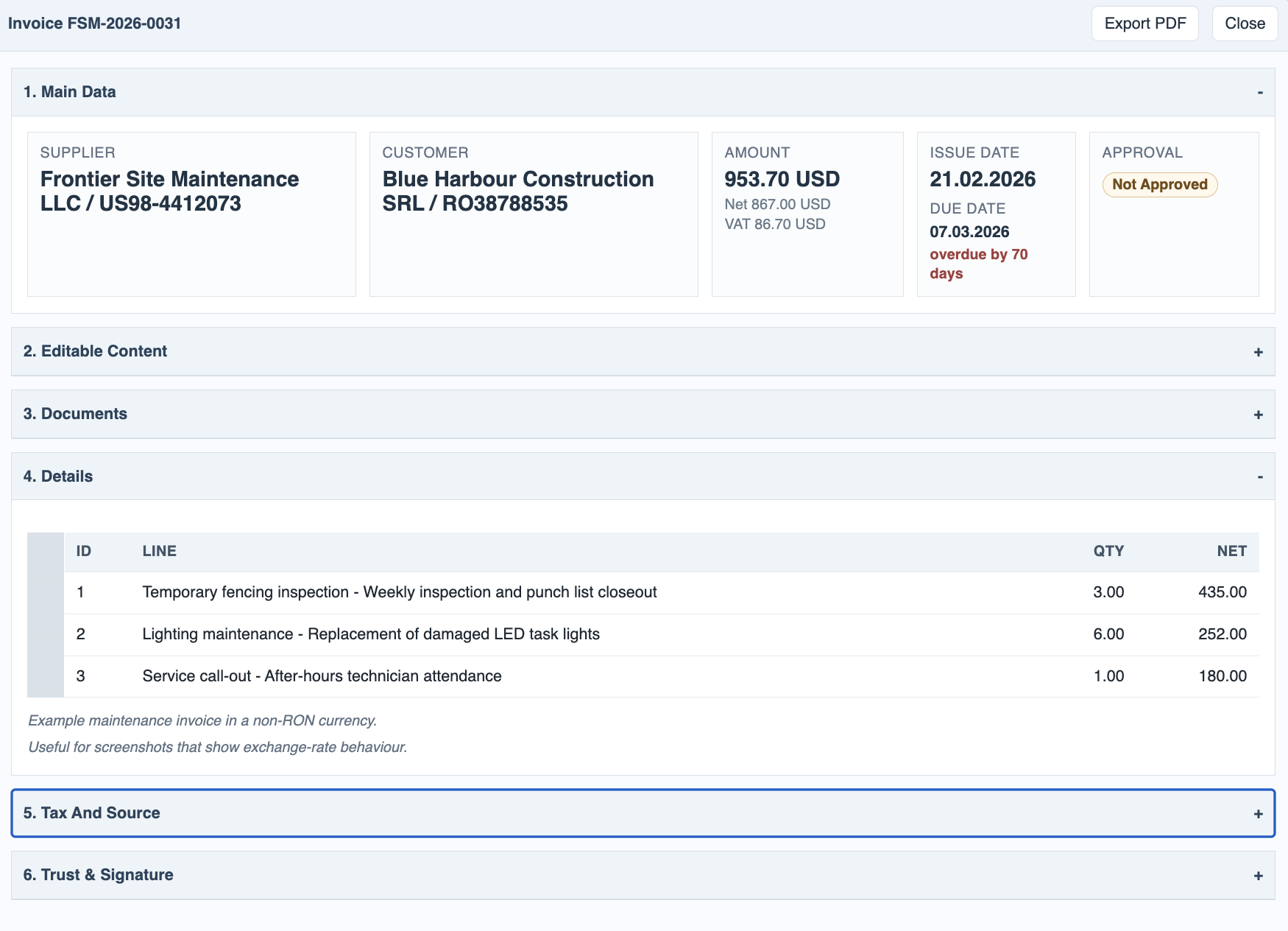 Invoice details lower detail section.
