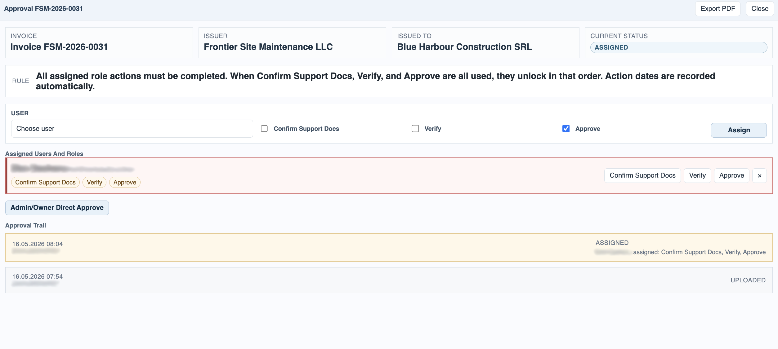 Approval window with assigned users and roles.