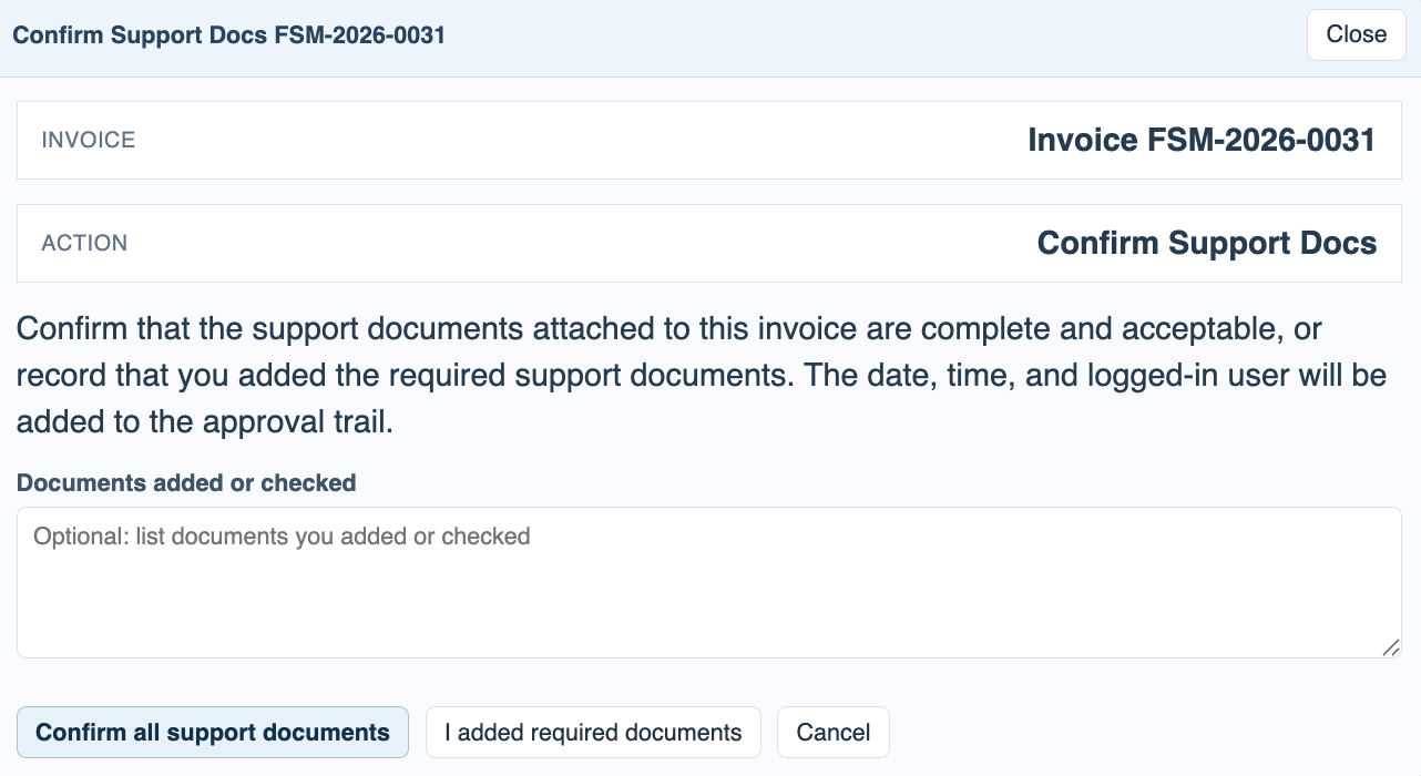 Confirm Support Docs window.