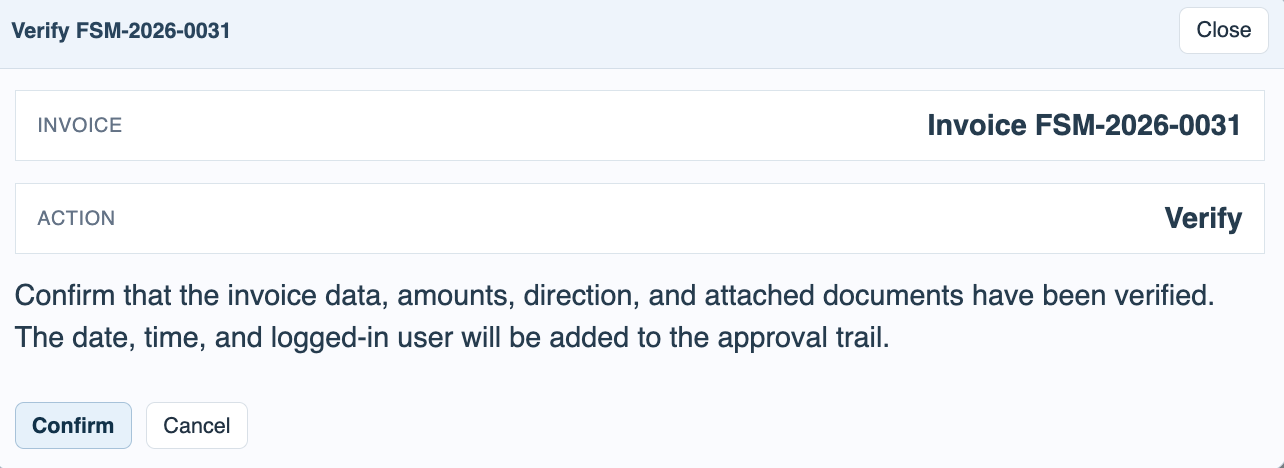 Verify invoice confirmation window.
