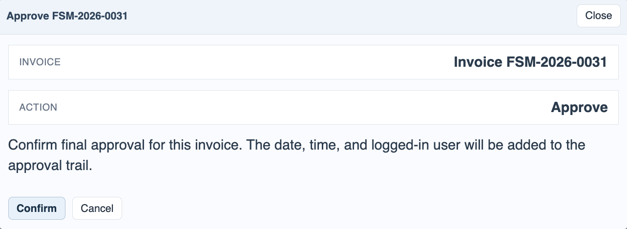 Approve invoice confirmation window.