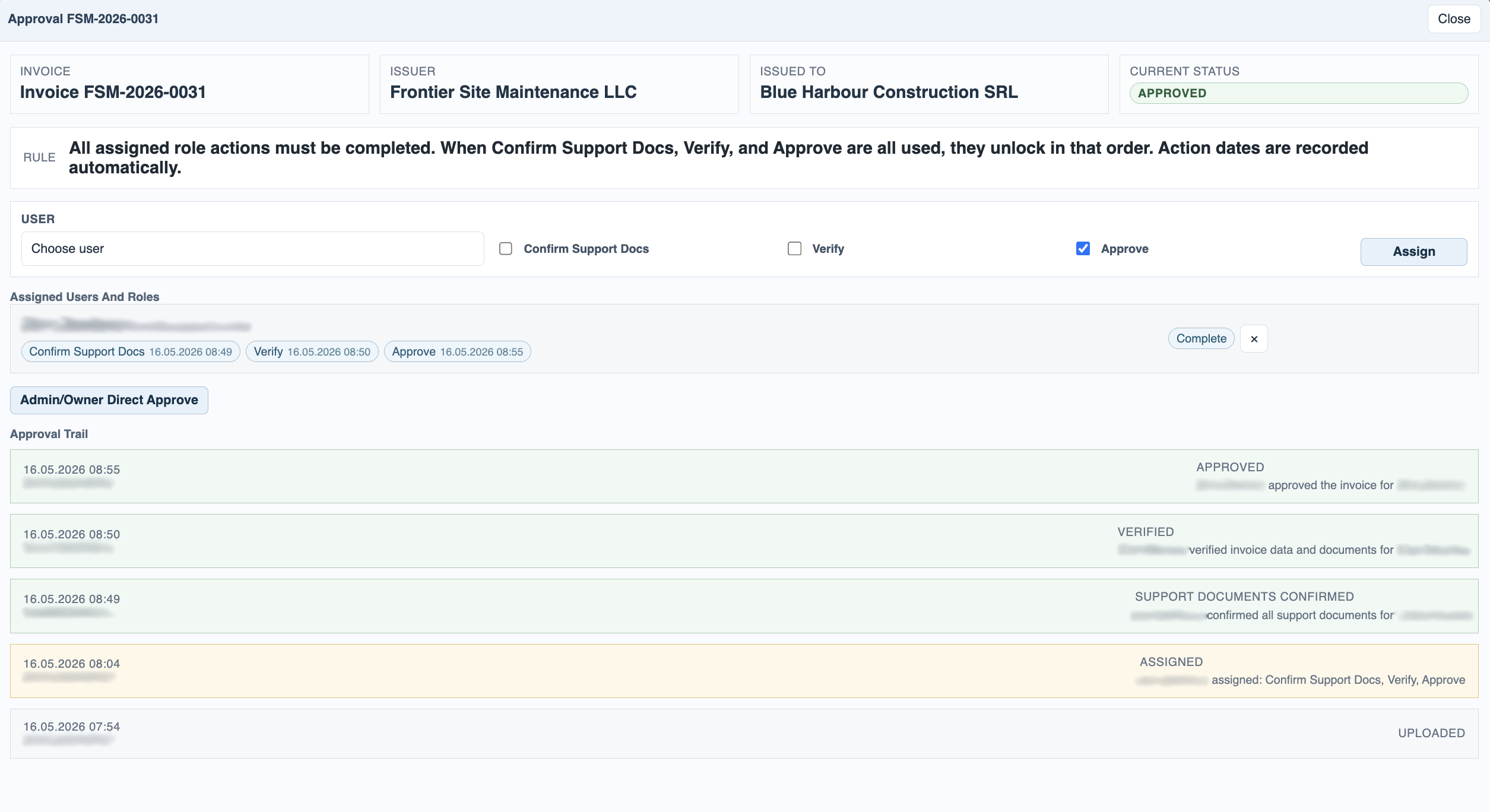 Approval trail after workflow actions.