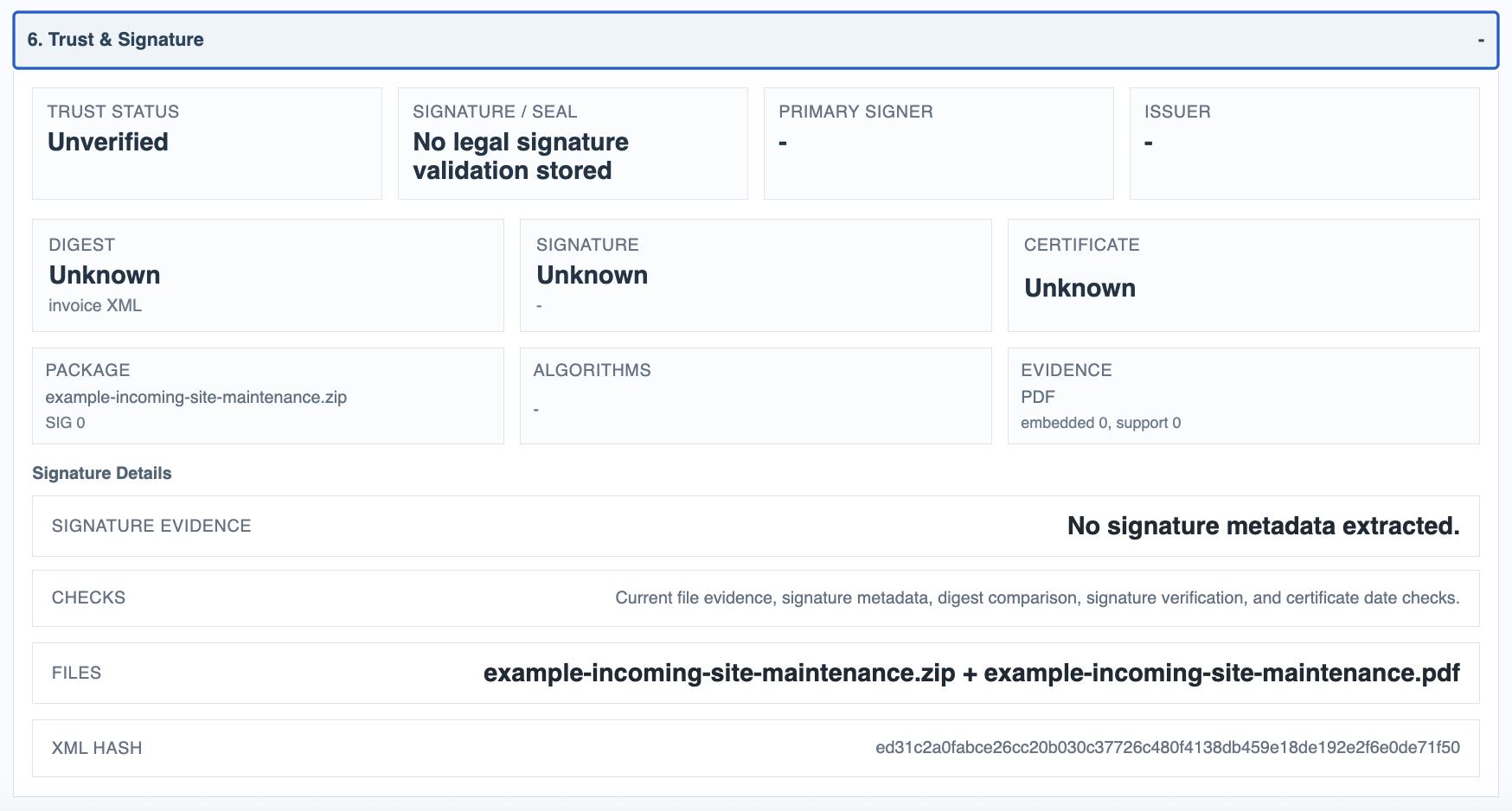 Trust section for an unsigned or generic invoice.