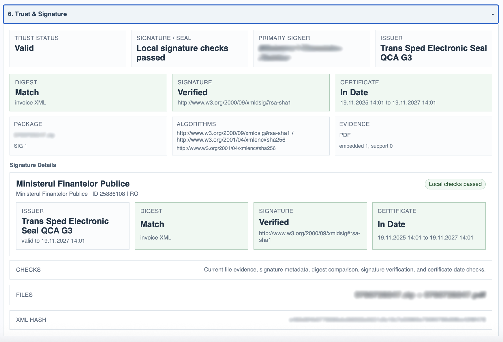 Trust section for a signed Romanian invoice package.