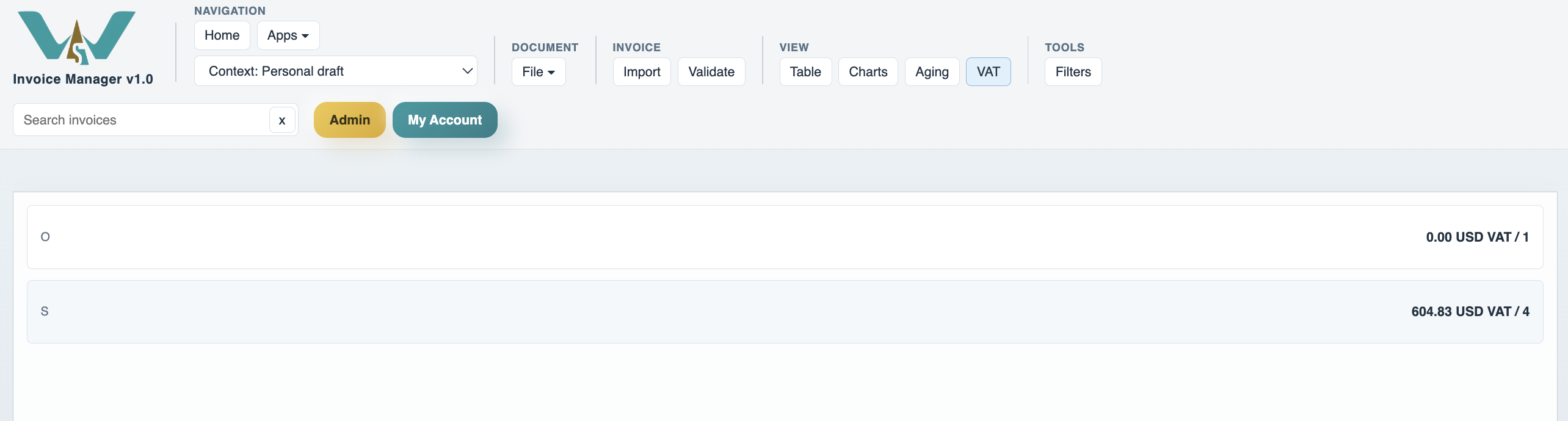 Invoice Manager VAT view.