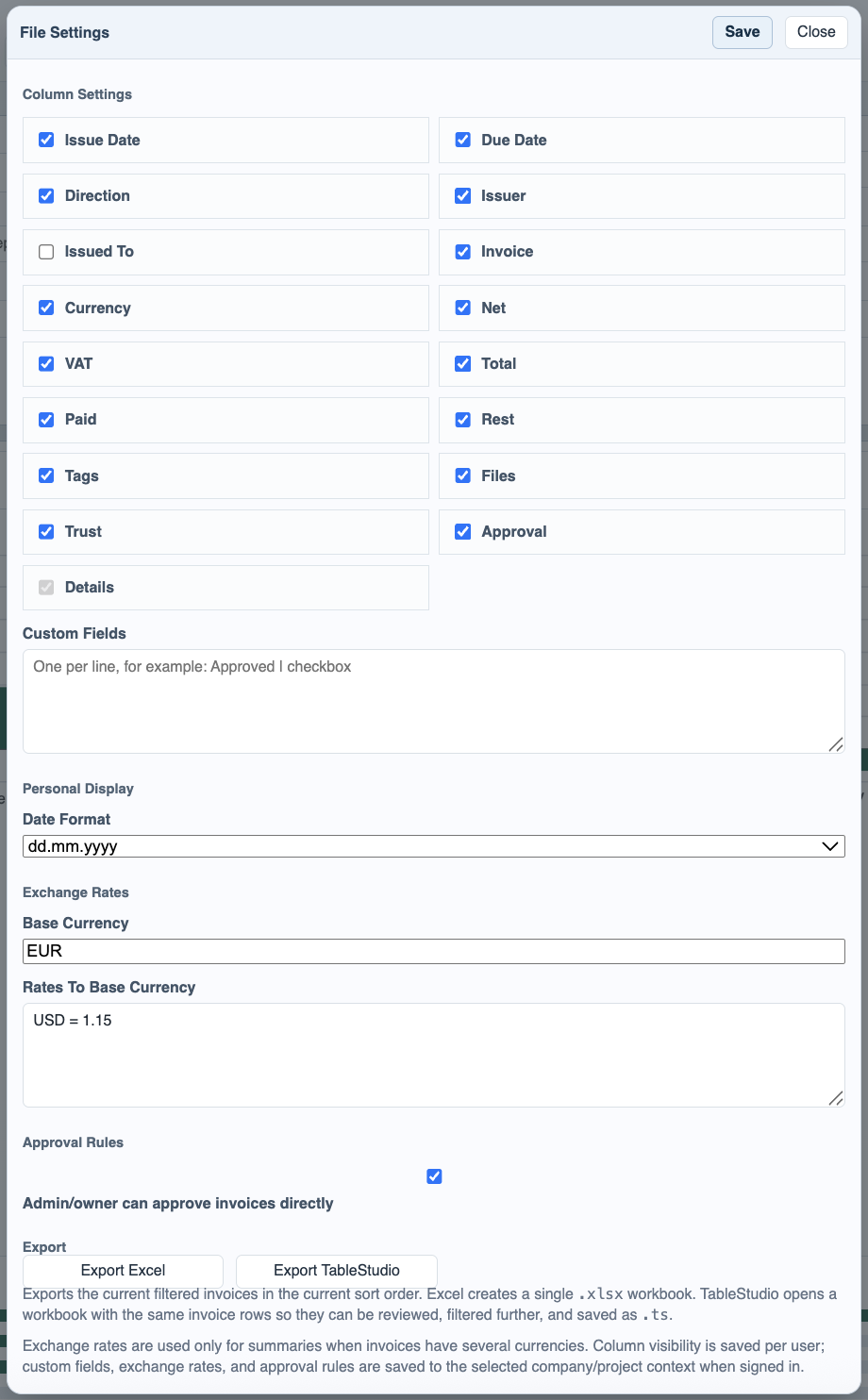 Invoice Manager file settings with column settings, date format, exchange rates, and export actions.