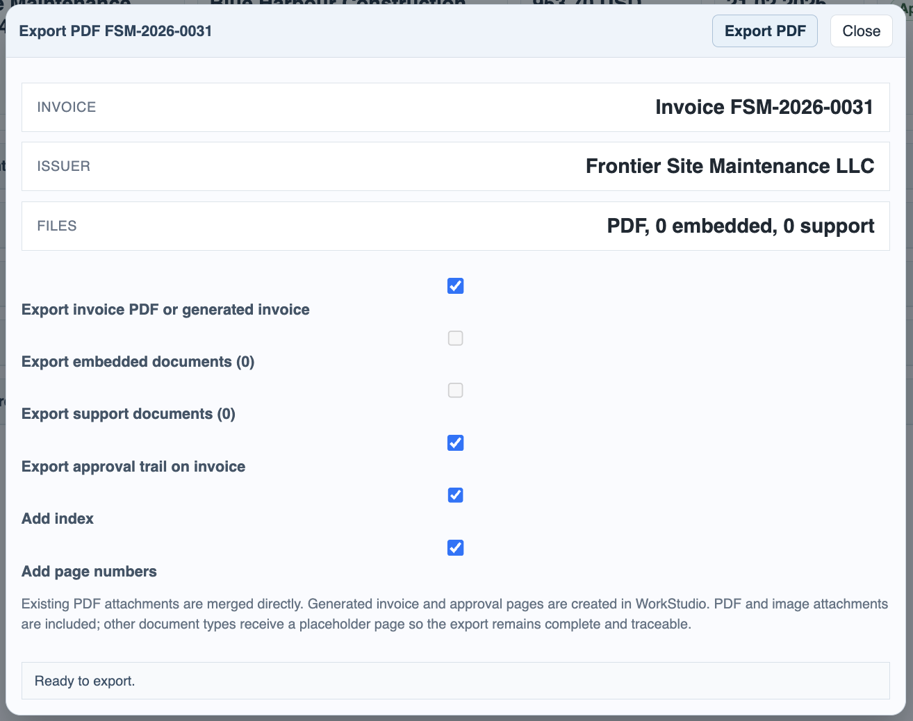 Invoice Manager export PDF options.