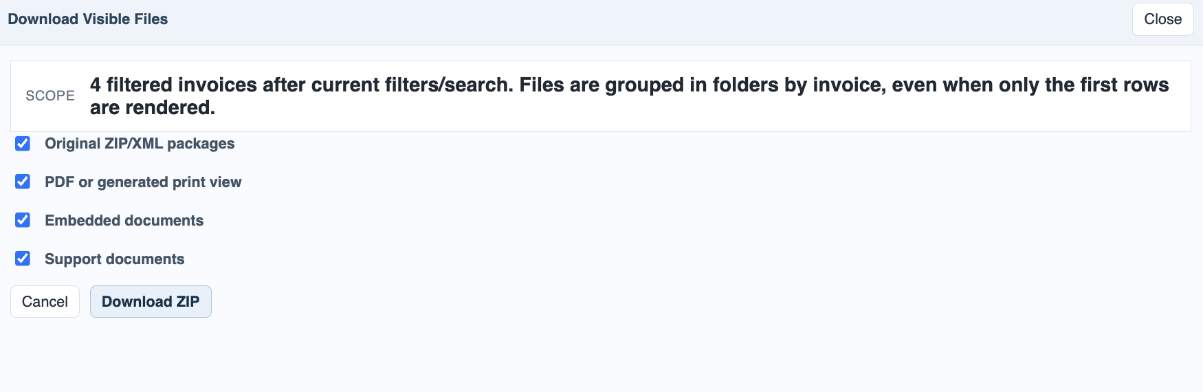 Download visible invoice files popup.