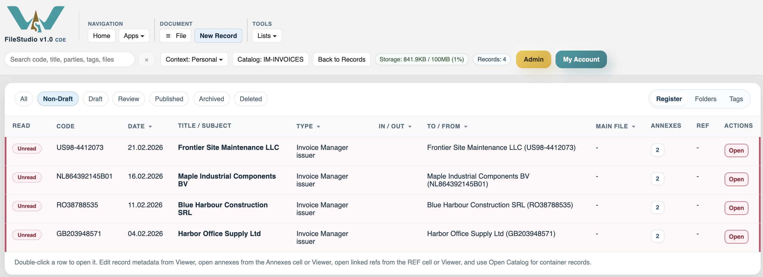 Invoice Manager issuer records in FileStudio.