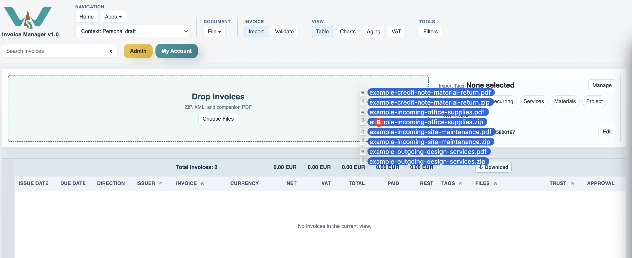 Invoice Manager import surface while files are being dropped.