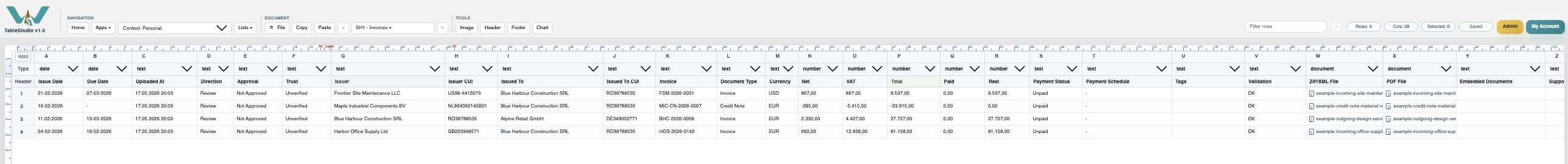 Invoice Manager rows exported to TableStudio.