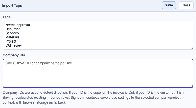 Invoice Manager Import Tags and Company IDs settings window.