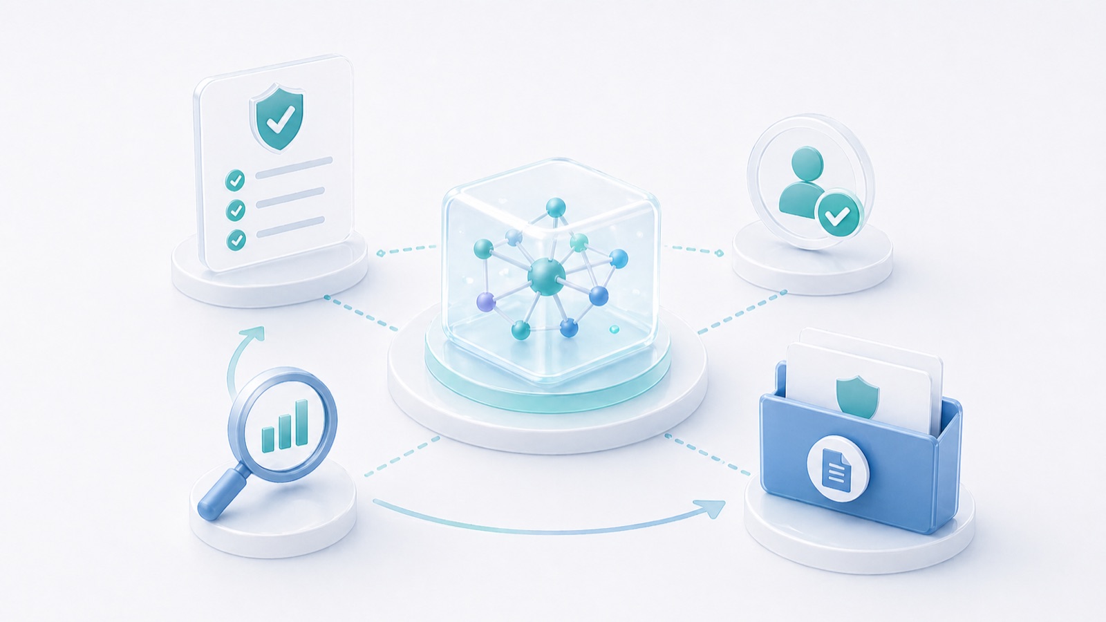 Abstract AI governance workspace with model cards, review gates, risk controls, human confirmation, and audit evidence.