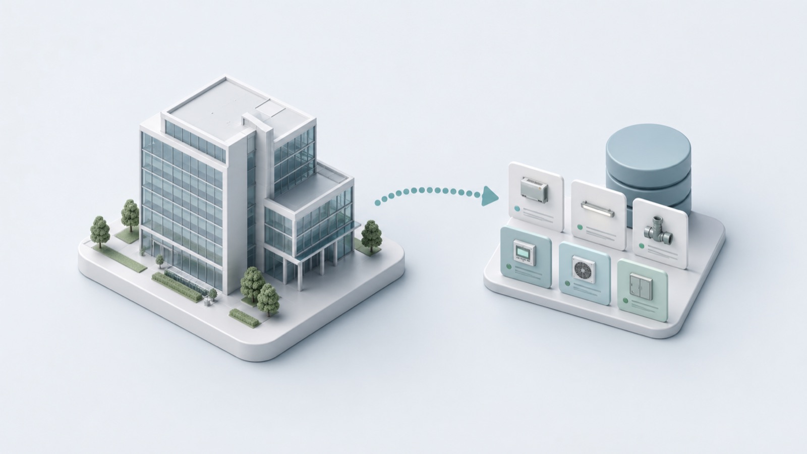 Simple building model handing off structured asset information cards.