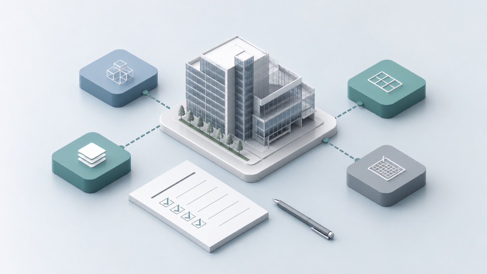 Simple building information model connected to planning blocks and a checklist.