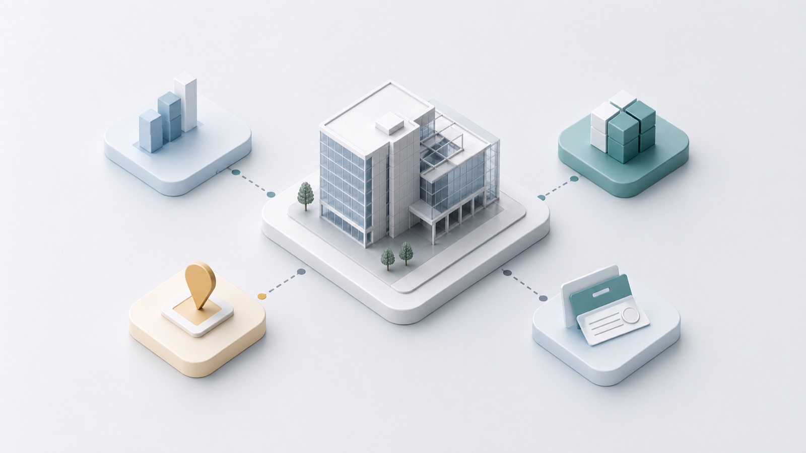 Simple building model surrounded by a few clear use-case tiles.