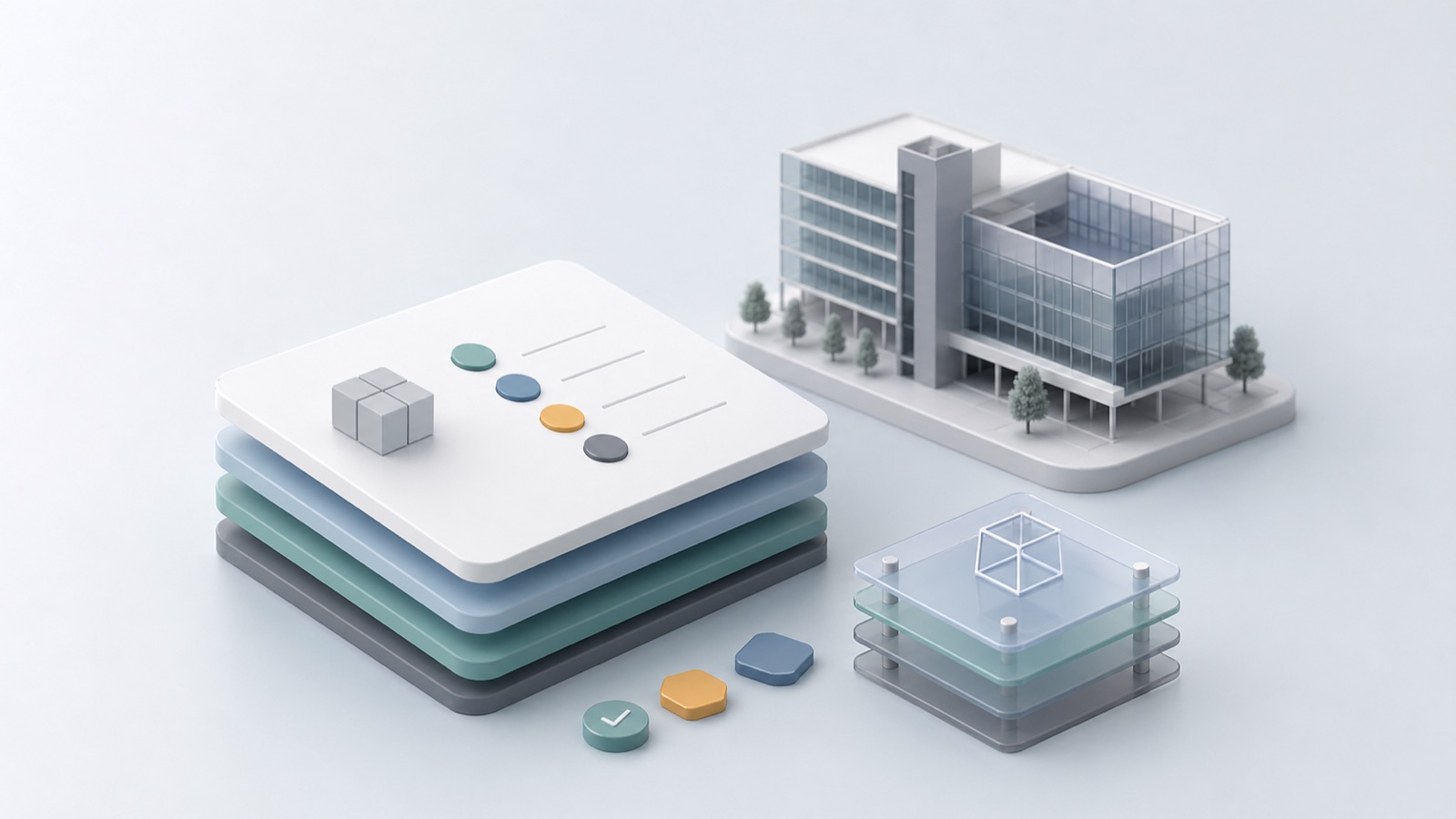 Simple stack of model and document tiles with abstract status chips.