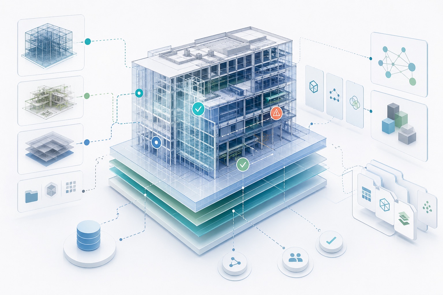 Abstract building information model with layered data, issue markers, and exchange surfaces.