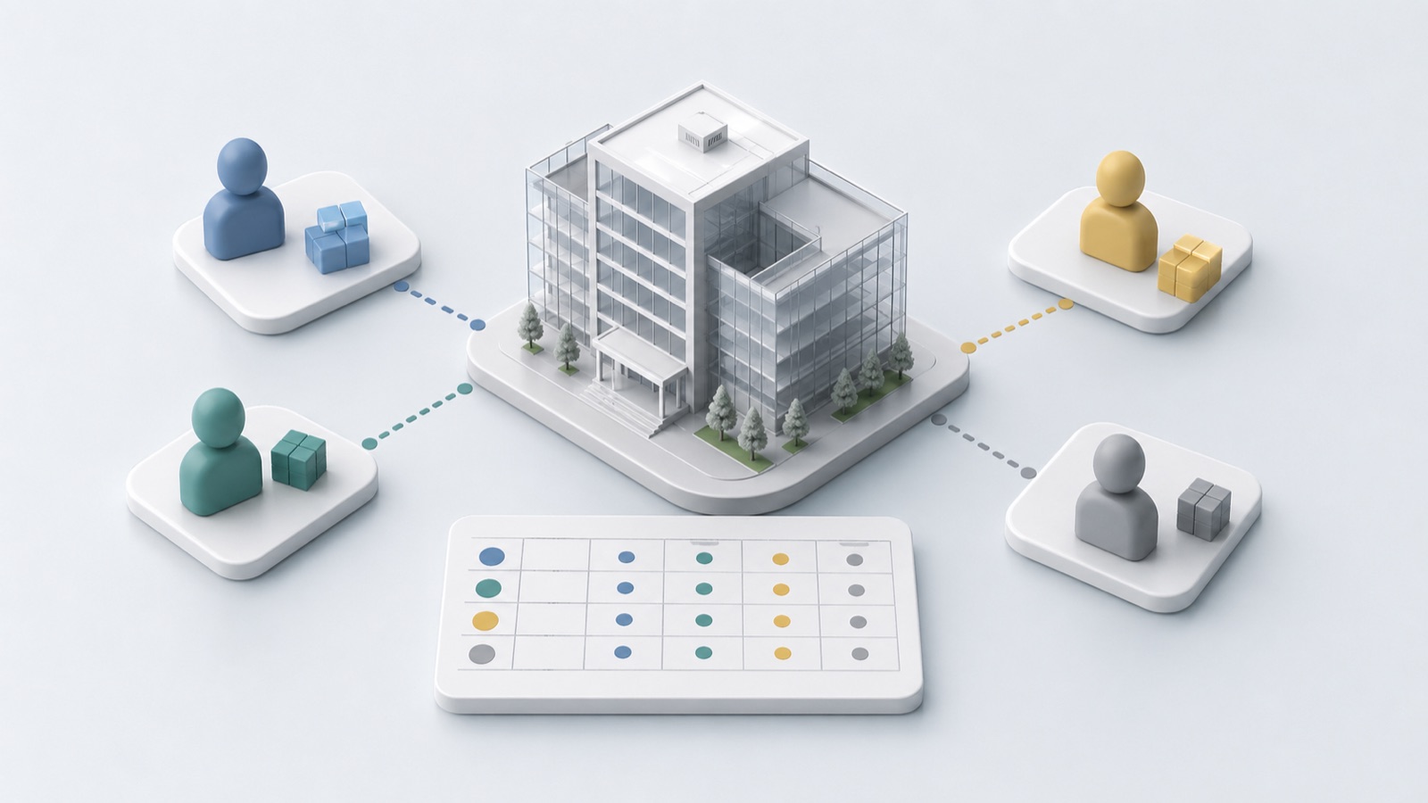 Simple building model connected to role cards and a responsibility grid.