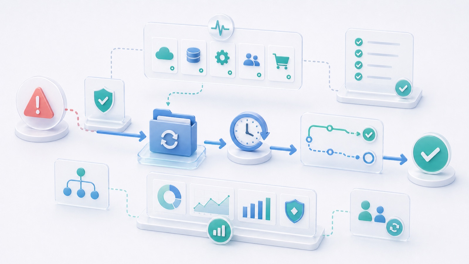 Abstract business-continuity workspace with backup paths, recovery timeline, resilient operations, and continuity checklist.