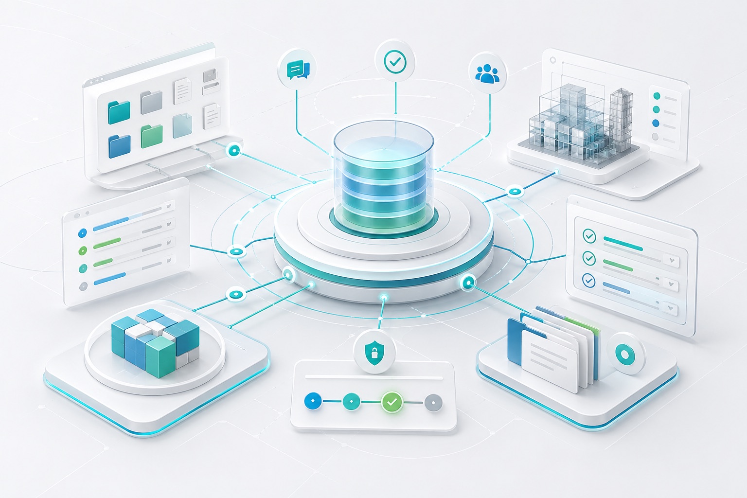 Abstract shared information hub connected to files, tasks, comments, approvals, and team spaces.