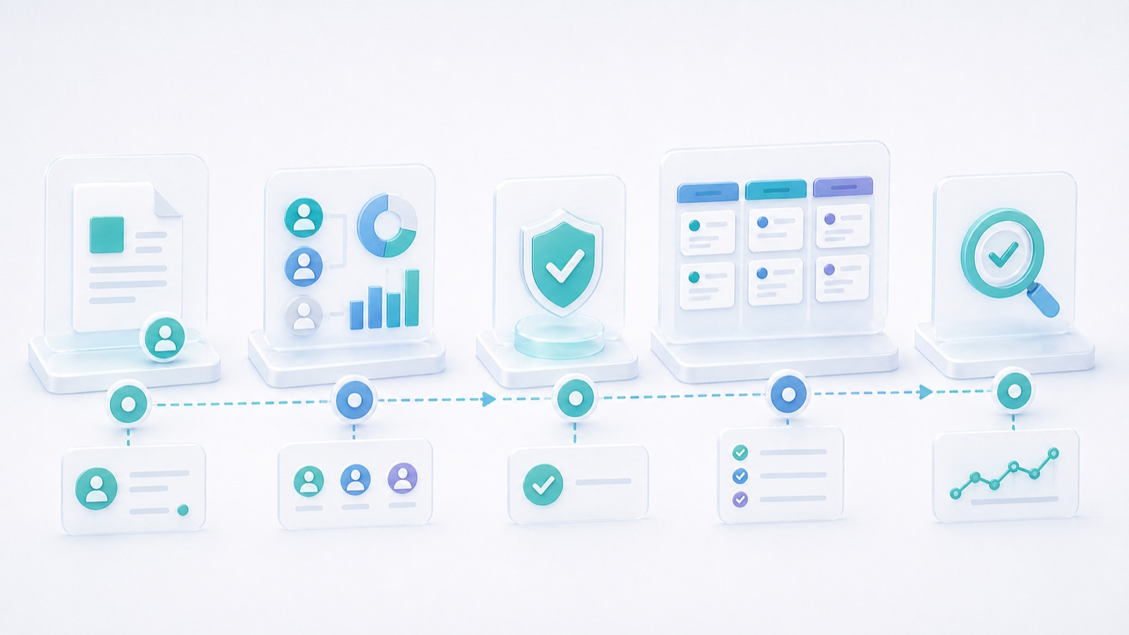Abstract change-management board with proposed change, impact review, approvals, and rollout steps.