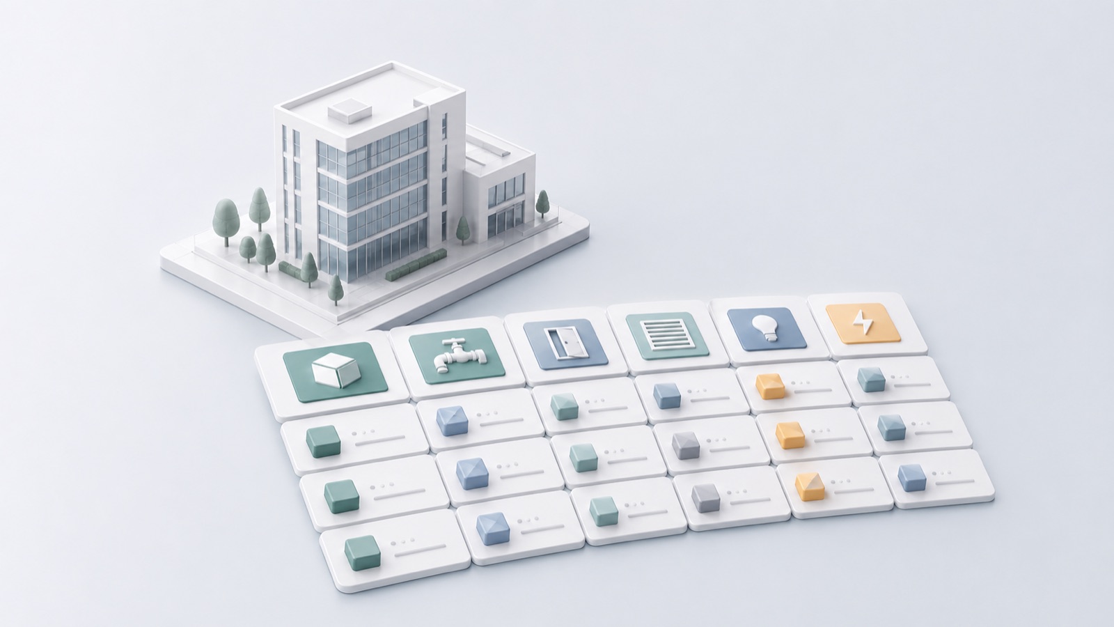 Simple building model beside a clean structured handover data grid.