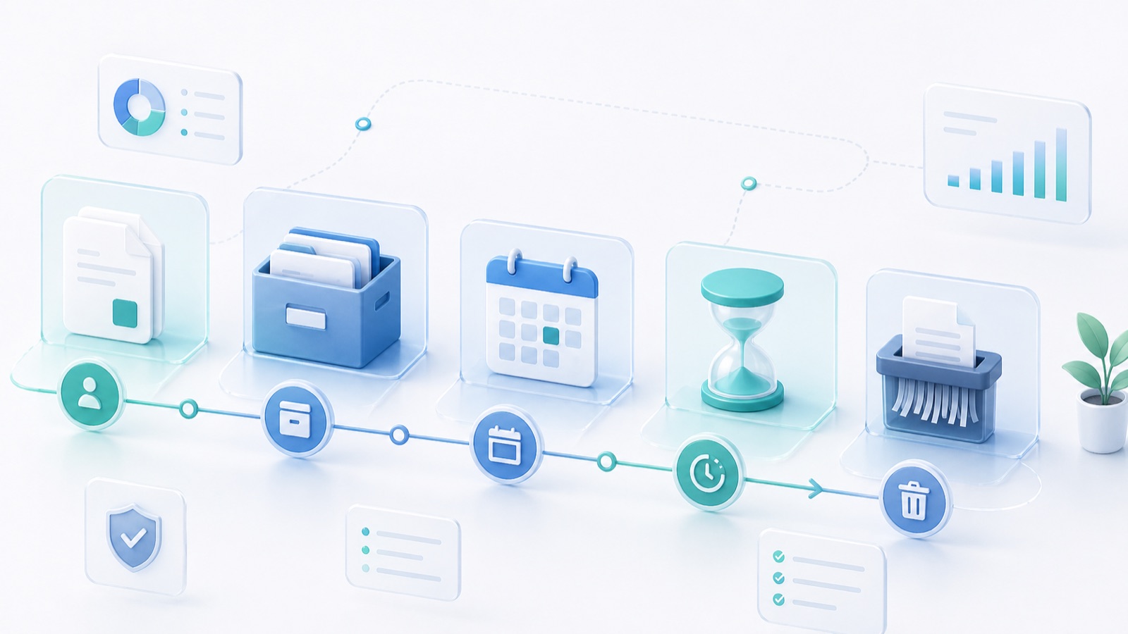 Abstract records lifecycle with documents, archive box, calendar review, timer, and deletion control.