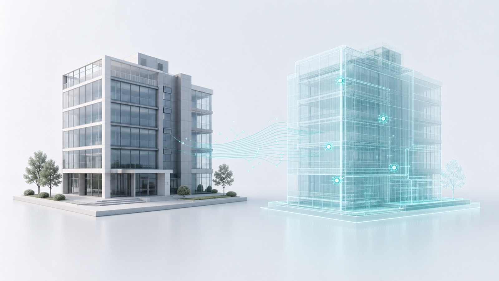 Simple physical building model mirrored by a translucent digital counterpart.