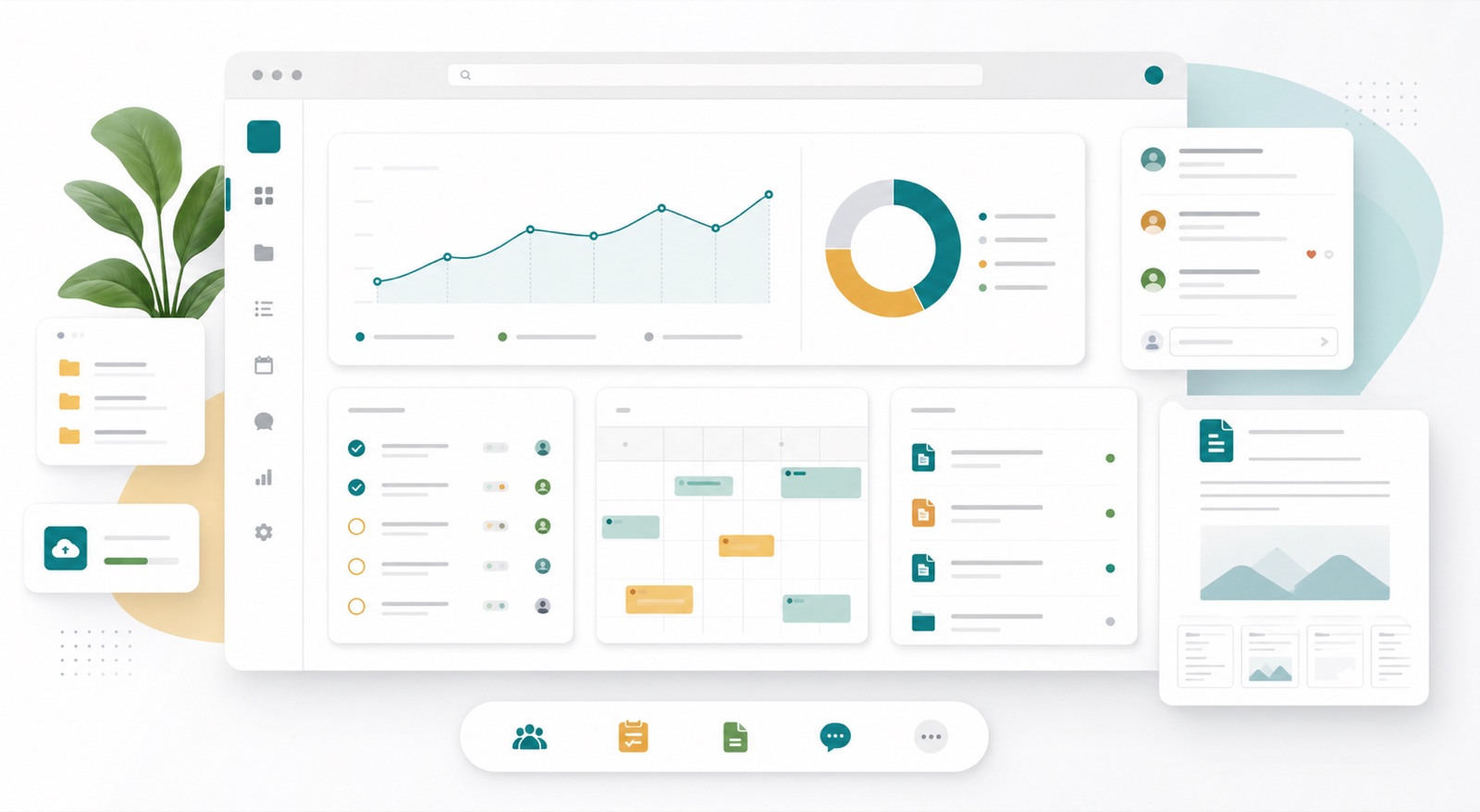 Abstract digital workspace with documents, tasks, comments, calendar items, and file organization.