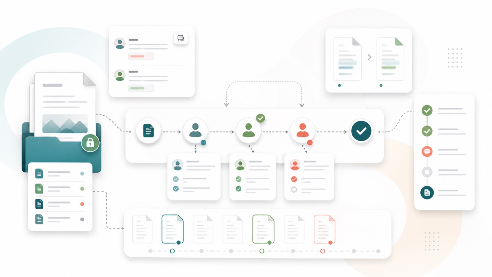 Document packets moving through version, review, and approval stages.