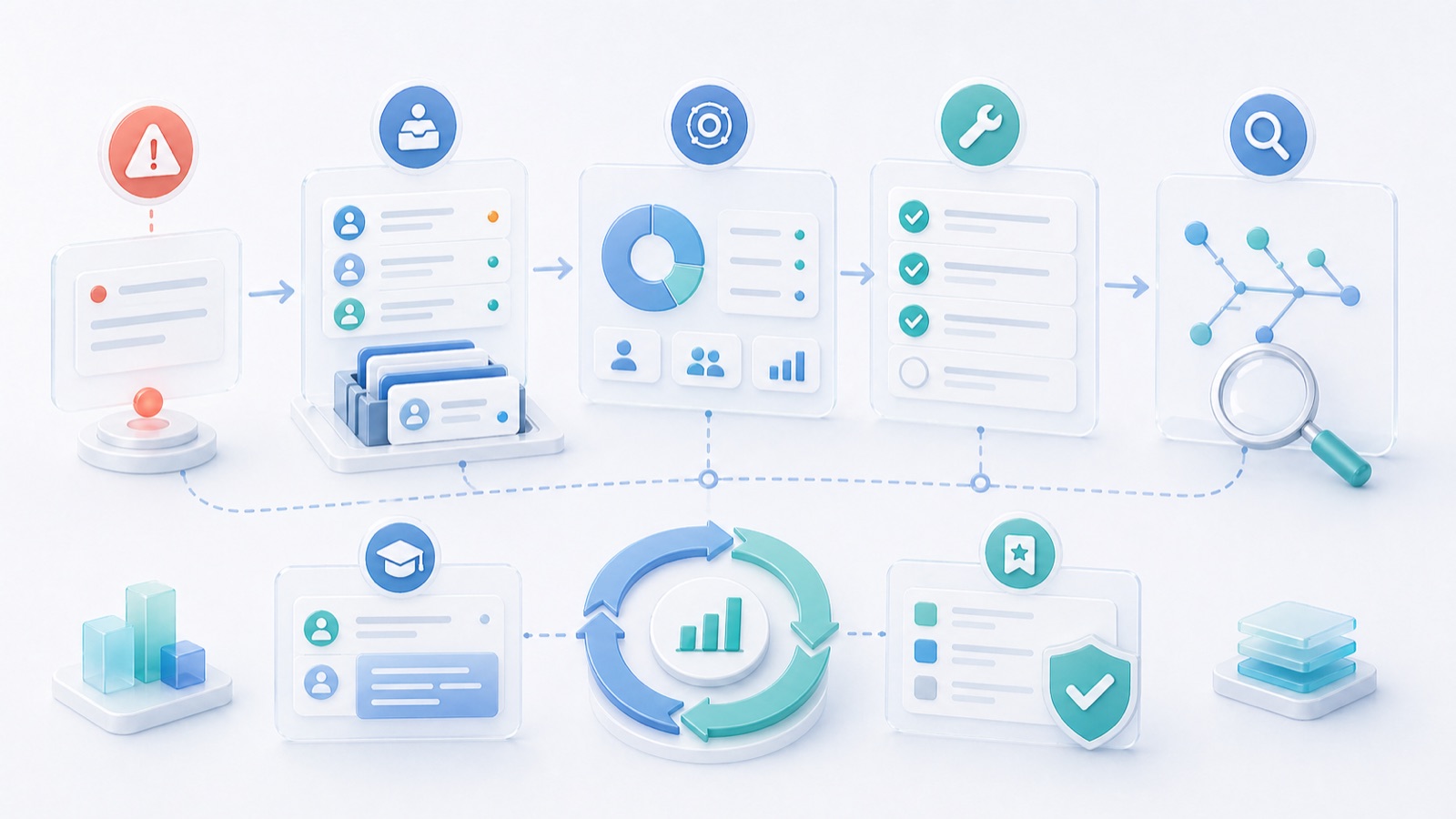 Abstract incident-management workspace with event signal, triage board, corrective action tasks, and lessons-learned loop.