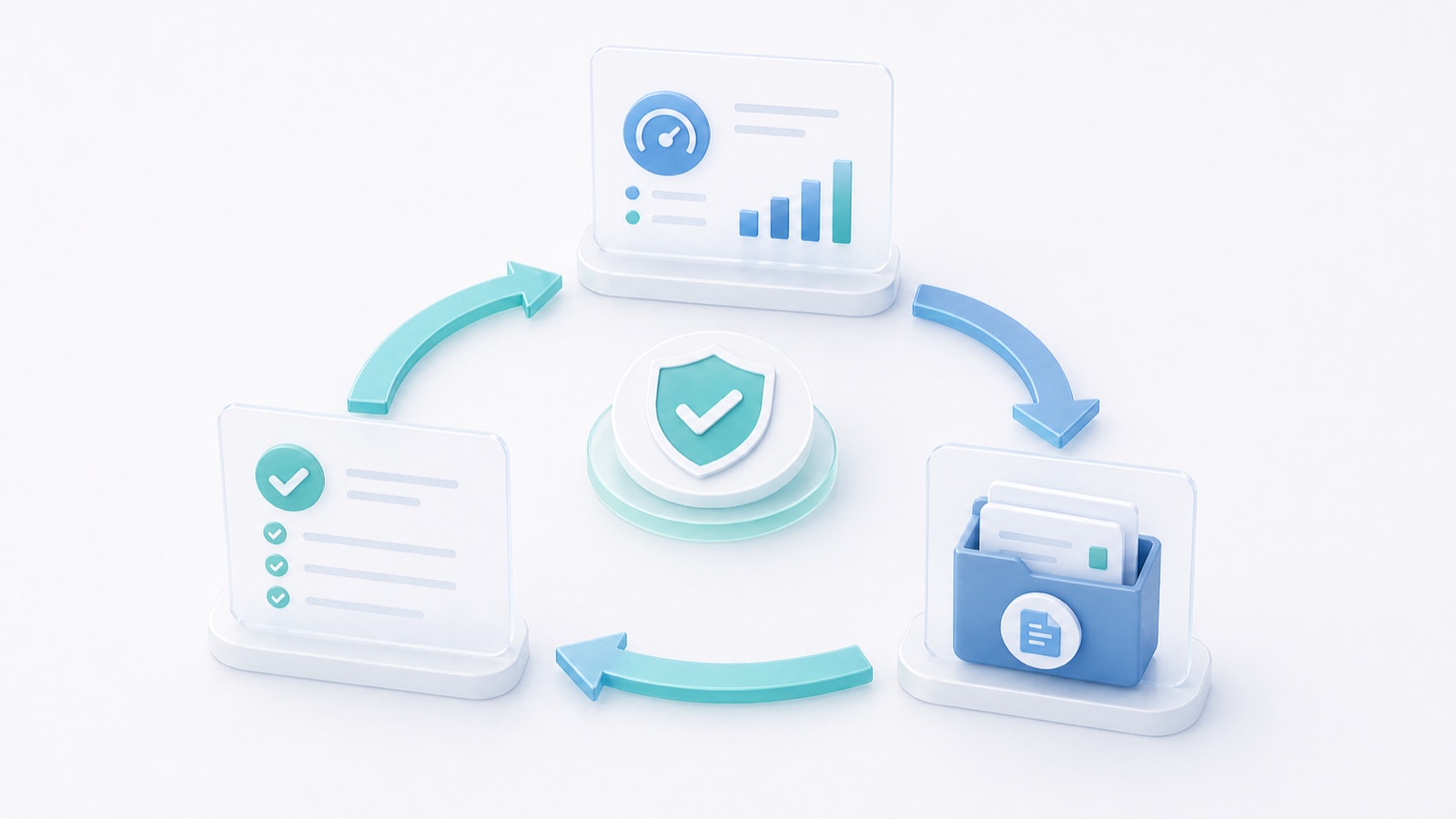 Abstract information security management system loop with controls, risk evidence, audits, and improvement arrows.