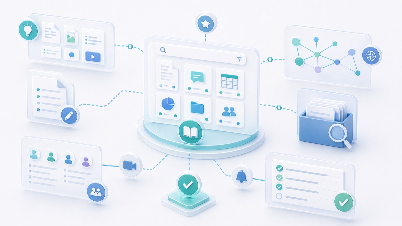 Abstract knowledge-management workspace connecting notes, documents, action lists, decisions, and searchable team memory.
