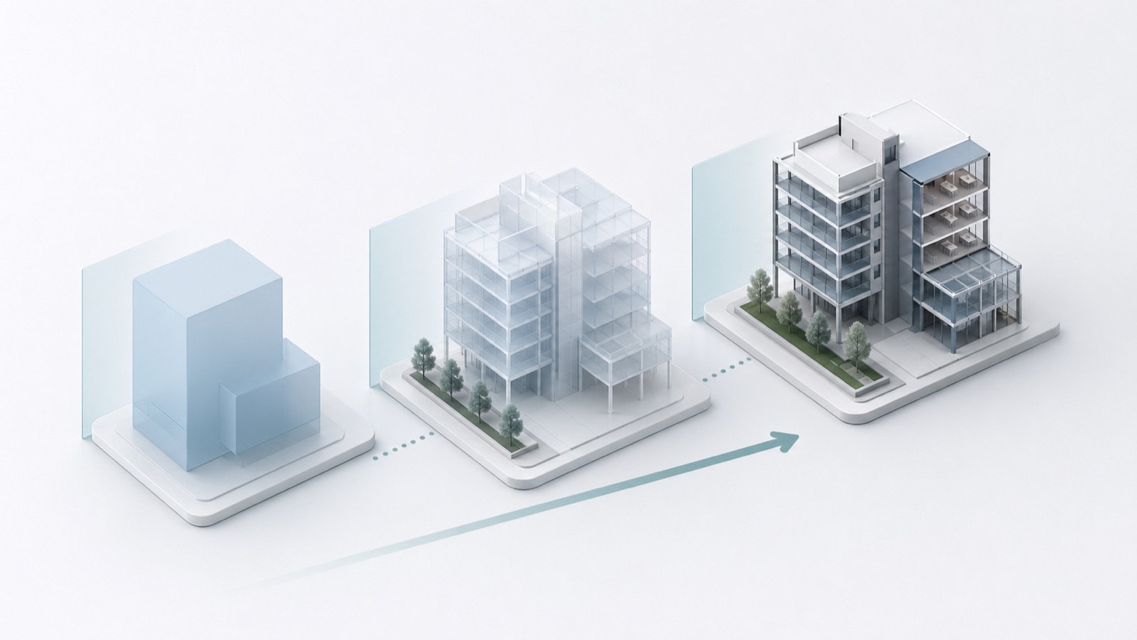 Simple building model shown in stepped levels of information detail.