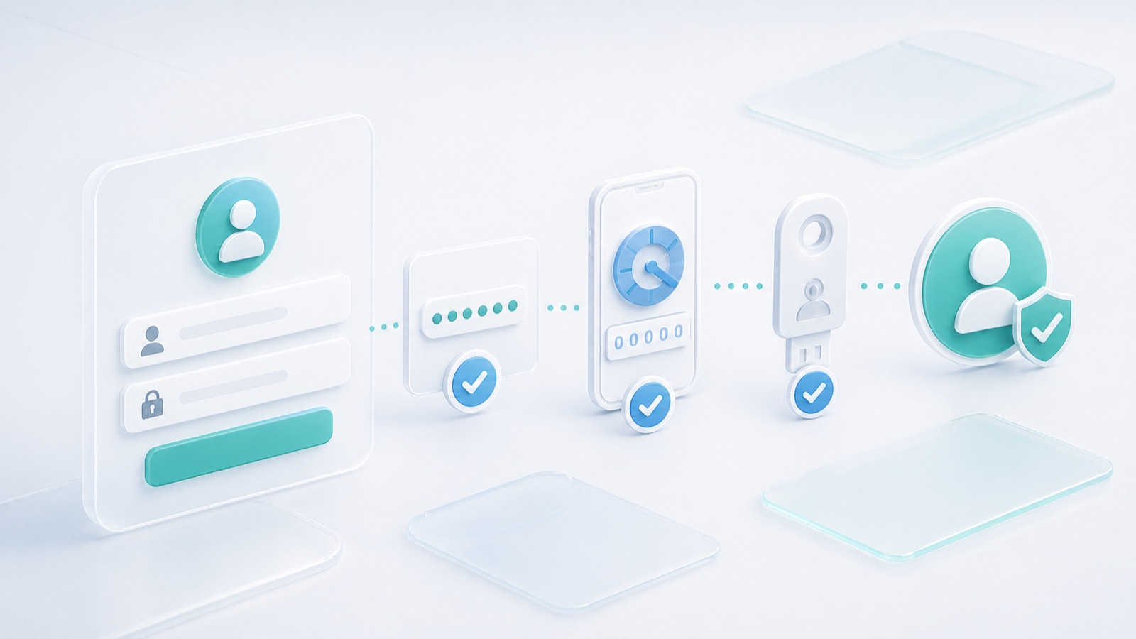 Abstract multi-factor authentication flow with login, authenticator prompt, security key, and verified identity.