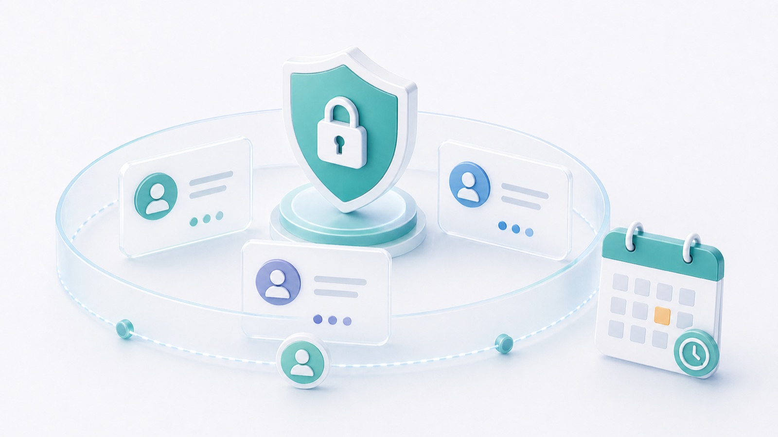 Abstract privacy workspace with personal-data cards, access boundaries, retention calendar, and security shield.