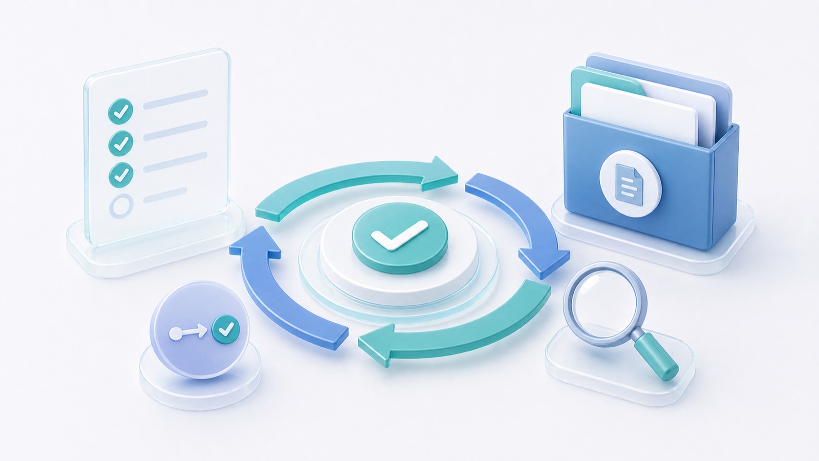 Abstract quality and compliance workspace with process checks, evidence records, audit review, and improvement cycle.
