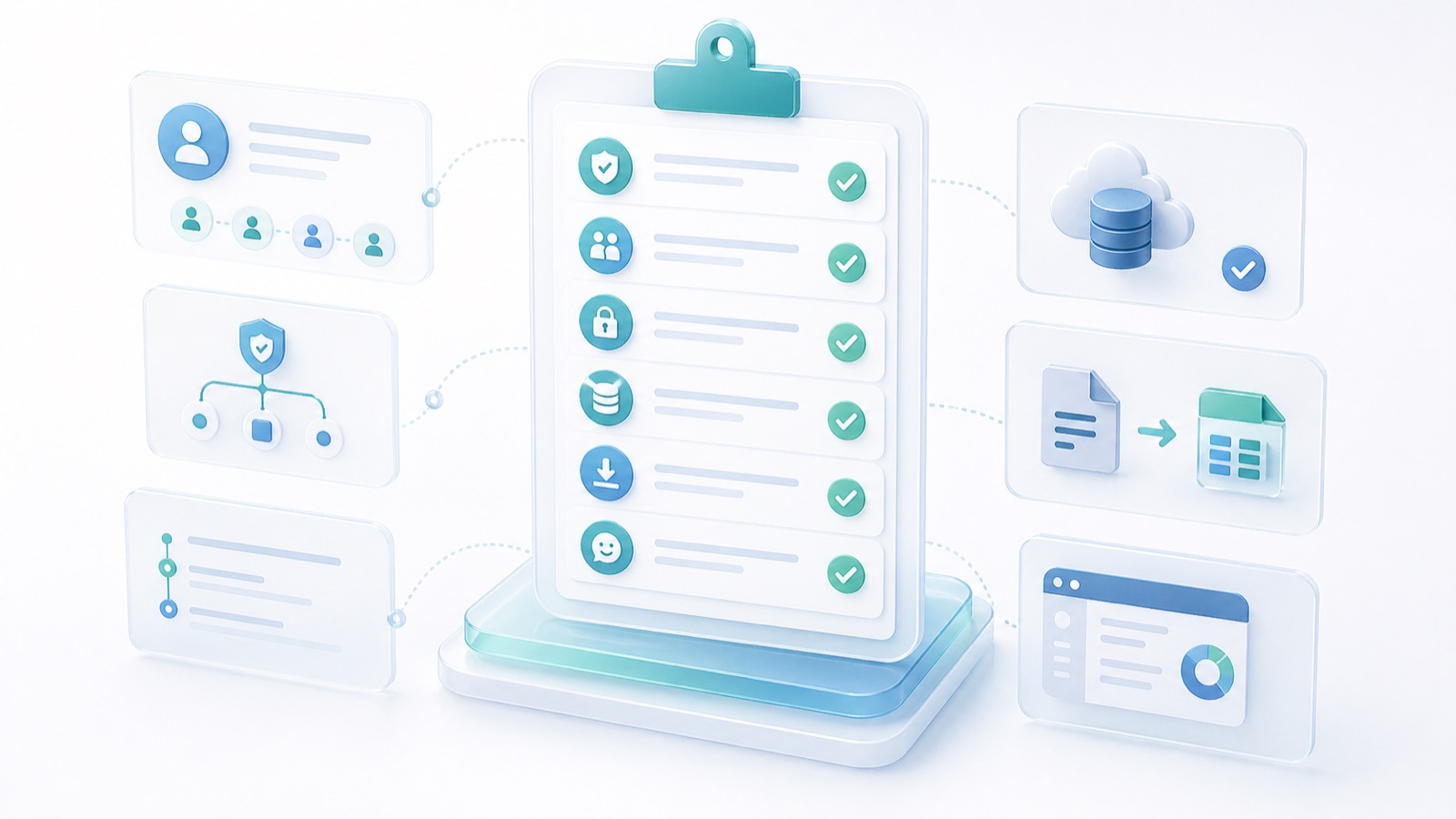 Abstract security checklist workspace with identity, permissions, audit, backup, and export controls.
