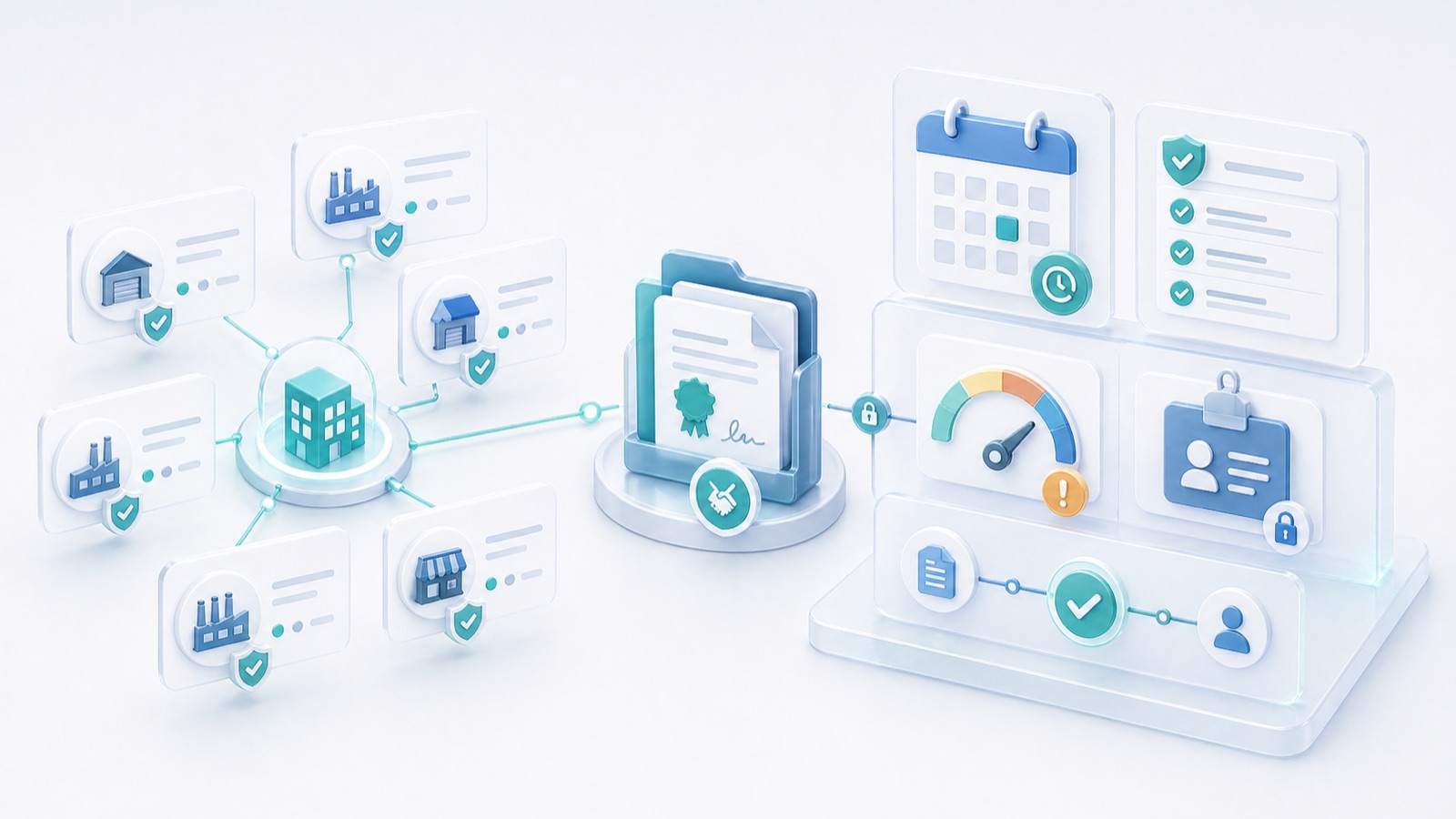 Abstract vendor-management workspace connecting supplier cards, contracts, risk checks, review dates, and approvals.