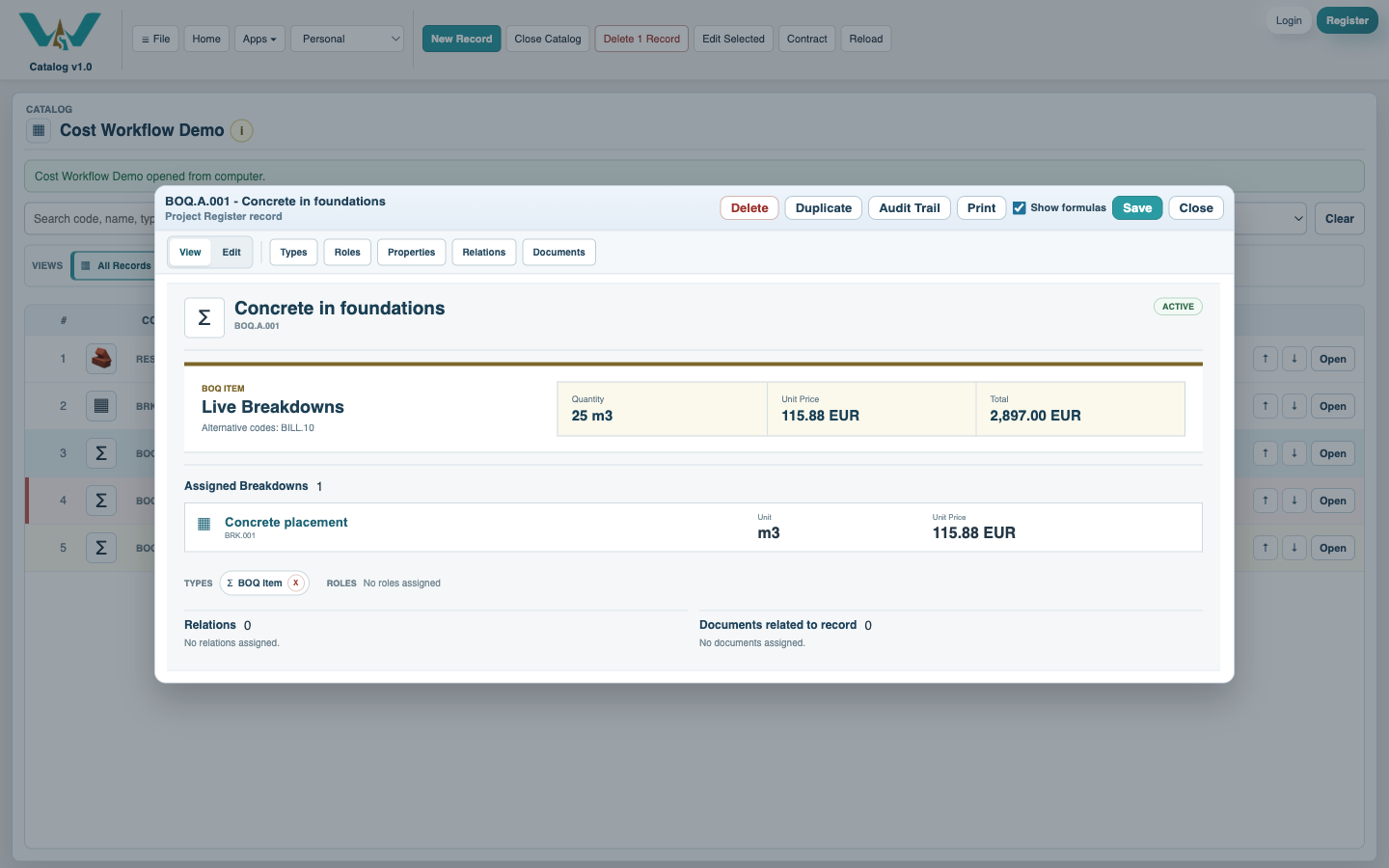 BOQ Item showing assigned Breakdown, quantity, unit, and total