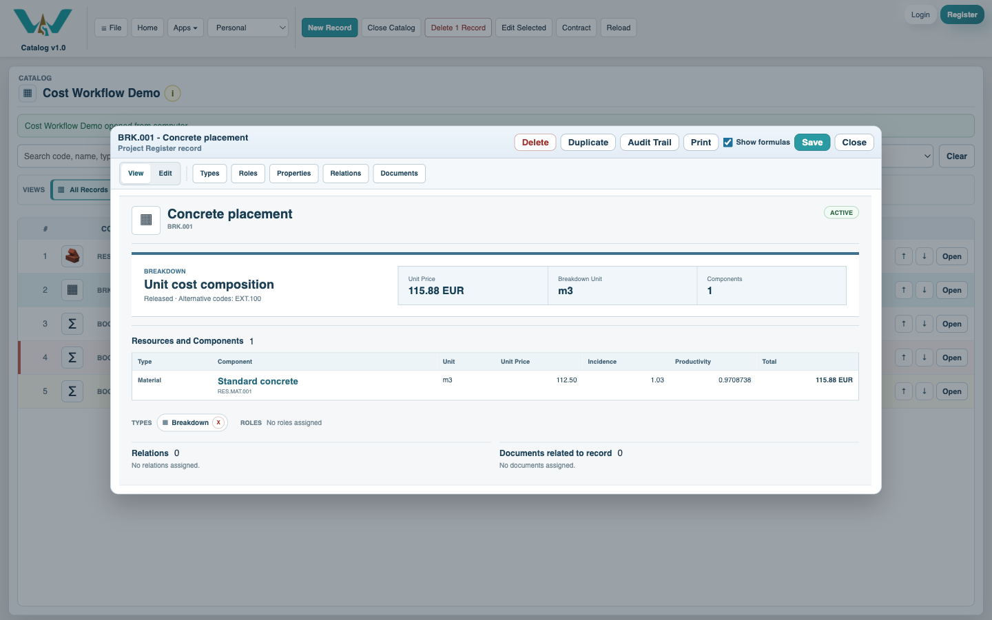 Breakdown record with live Resource components and unit rate