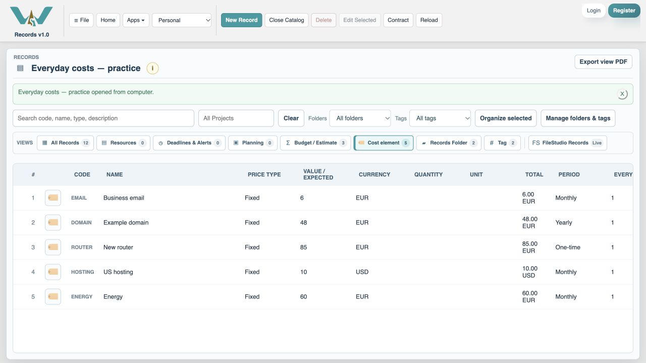 Cost elements are reusable records with prices, currencies and billing periods.