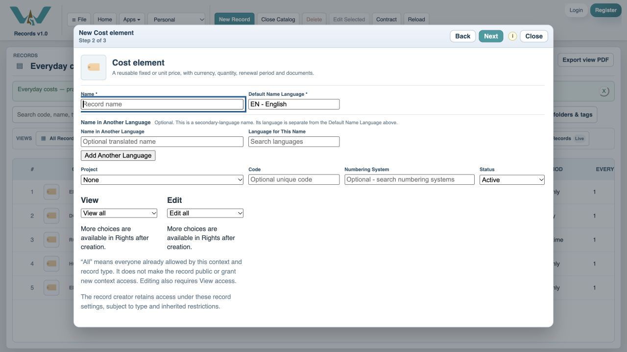 Choose Create New — Start a fresh cost instead of linking an existing record.