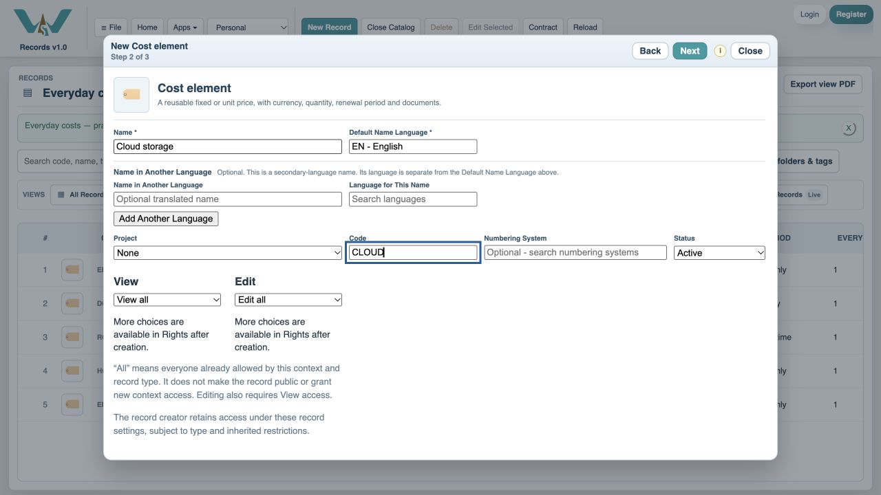 Optional: add a code — Code is optional. Enter CLOUD if you want a short reference, or leave Code blank and continue. The name is enough to create this cost.