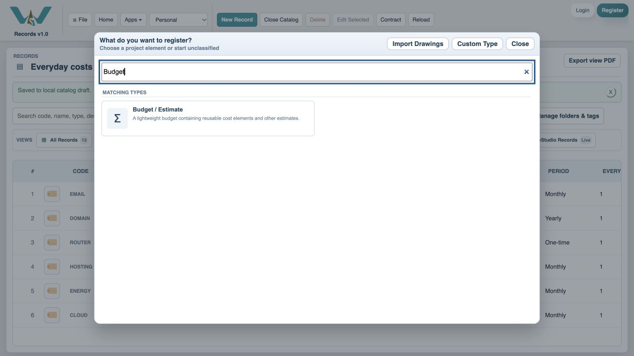 Search for Budget — Open New Record and search Budget. This finds Budget / Estimate.