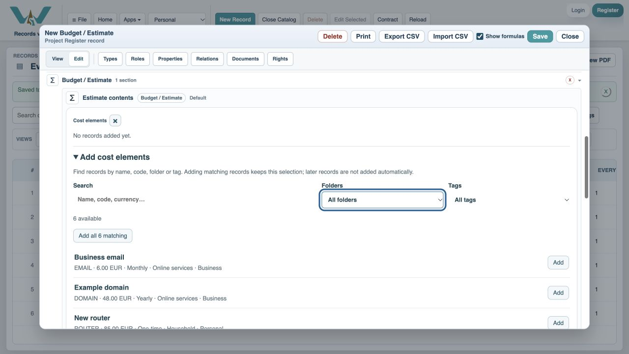 Open the record editor — Choose Open Record, then scroll to the Cost elements section. Use its structured picker to add separate cost rows.